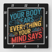 君の体はスポーツを心に聞く スクエア壁時計 (正面)