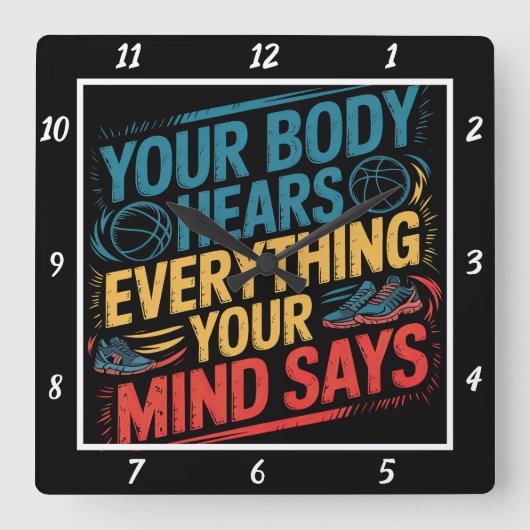 君の体はスポーツを心に聞く スクエア壁時計 (正面)