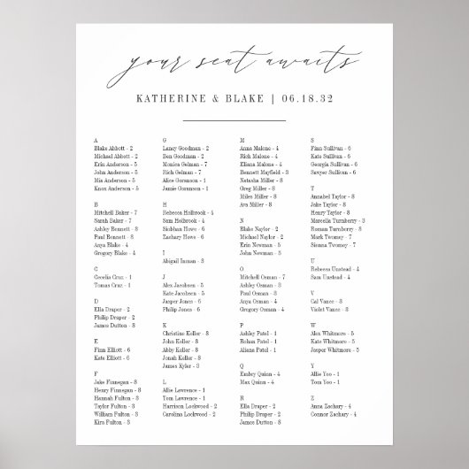 君の席が待っている |アルファベット順の座席表 ポスター (正面)