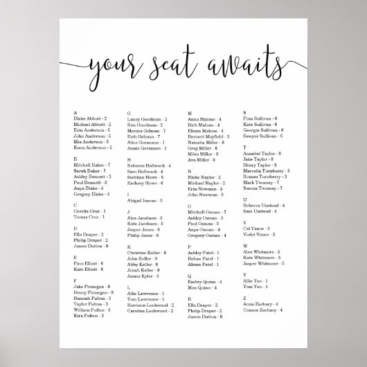 君の席が待っている |アルファベット順の座席表 ポスター (正面)