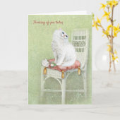 君の椅子に乗っ考えるた白いペルシャ猫 カード (黄色い花)