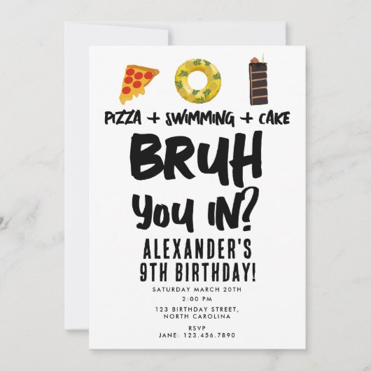 君は入った?ボーイ10代の若者誕生日ピザプール 招待状 (正面)