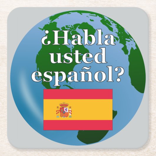 君は話スペインのかスペインの。国旗とグローブ スクエアペーパーコースター (正面)