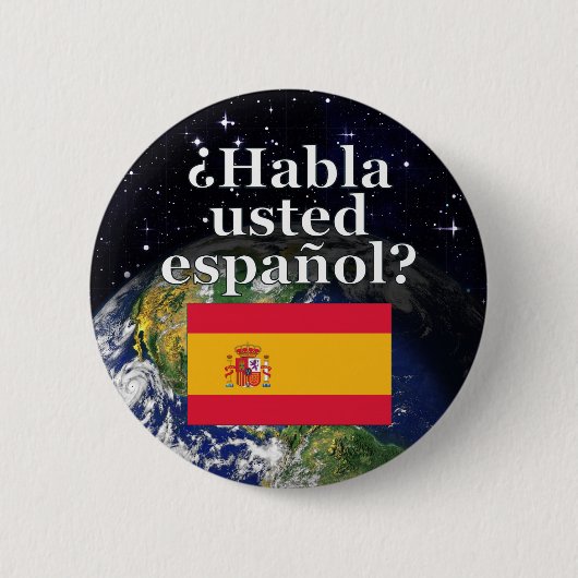 君は話スペインのかスペインの。国旗と地球 缶バッジ (正面)