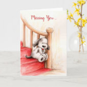 君恋しく思は、悲しい犬が階段で待っている カード (黄色い花)