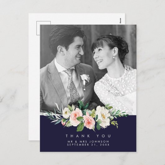 君結婚の写真感謝していはがきネイビーフローラ シーズンポストカード (正面/裏面)