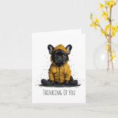 君考えのブルドッグフランスのはレインコートを カード (黄色い花)