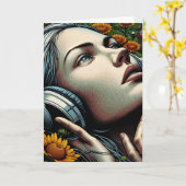 君考えの事 |ヘッドフォン付き女性 カード (黄色い花)