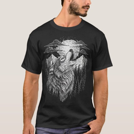吠えるオオカミと月 ラインアートTシャツ Tシャツ (正面)