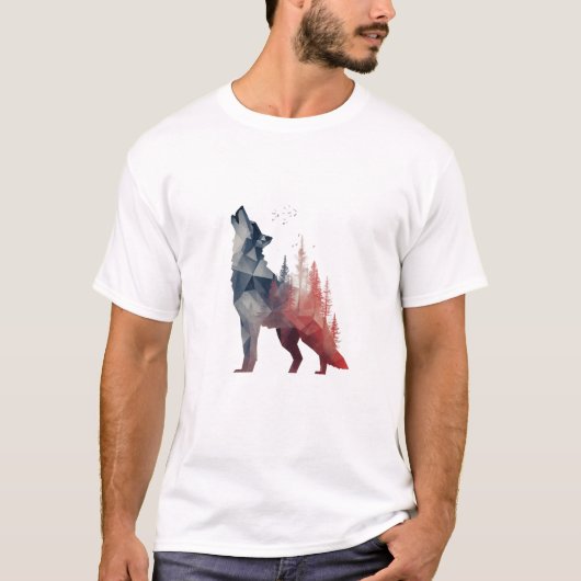 吠えるオオカミ - 二重露光の森の芸術 Tシャツ (正面)