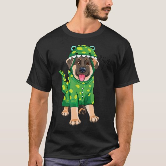 吠えるジャーマンシェパード恐竜犬 Tシャツ (正面)
