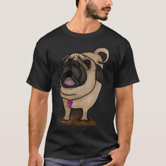 吠えるパグ!クリーム色、タン、ピンクのハートと黒 Tシャツ