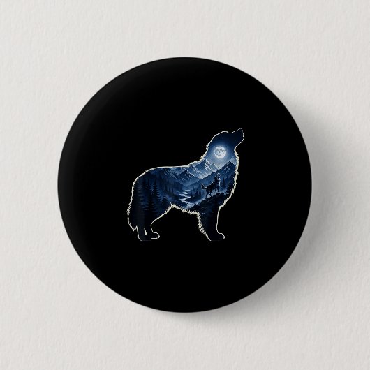 吠える犬 月夜の山林 シルエットアート 缶バッジ (正面)