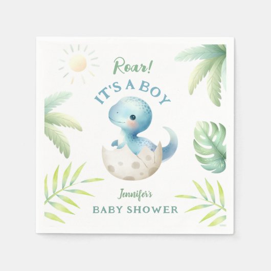 吠えろ男の子だ！かわいい恐竜の赤ちゃんシャワー スタンダードカクテルナプキン (正面)