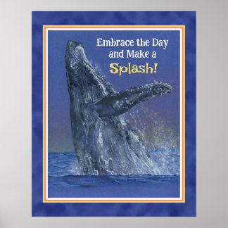 吸息おもしろいクジラプリント-深いブルー縁ど ポスター