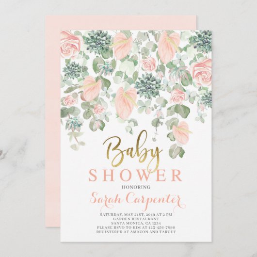 吸肉類、アンスリウム·フローラ·ベイビー·シャワー·ガール 招待状 (正面/裏面)
