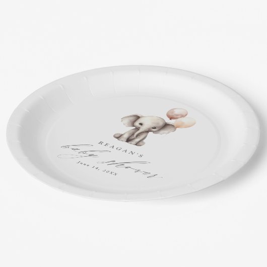 吹きシンプル気球の中性ベビーシャワー付きゾウ ペーパープレート (アングル)