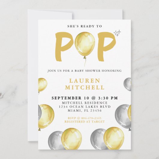 吹き出しの準備ができてポップ・アートのいる金ゴールドの赤ちゃんシャワー 招待状 (正面)