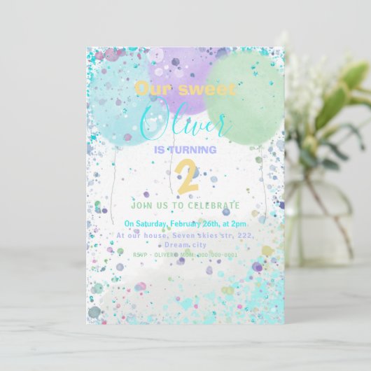 吹カラフル気球の男の子の誕生日パーティーの招待 案内状 (スタンド正面)