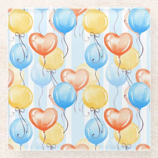 吹カラフル球：水色シームレスパターン。 ガラスコースター (正面)