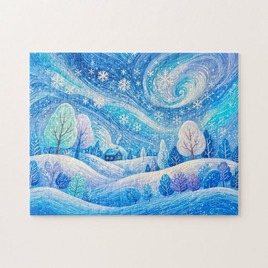 吹雪のイラストが美しい冬の家 ジグソーパズル (横)