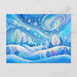 吹雪のイラストが美しい冬の家 ポストカード