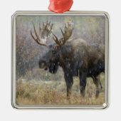 吹雪の中で《植物》アスペンの木々を持つ牛のムース メタルオーナメント (正面)