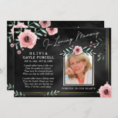 告別式の招待のピンク及び黒い花柄 招待状 (正面/裏面)