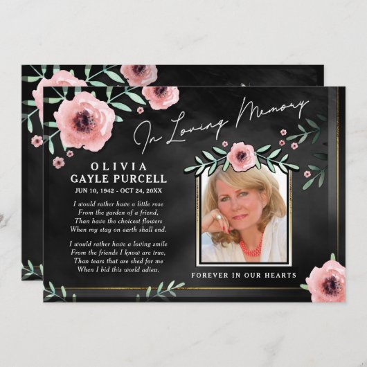 告別式の招待のピンク及び黒い花柄 招待状 (正面/裏面)