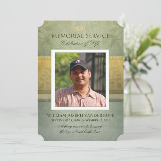 告別式の緑金ゴールドの優雅の写真の招待 招待状 (スタンド正面)