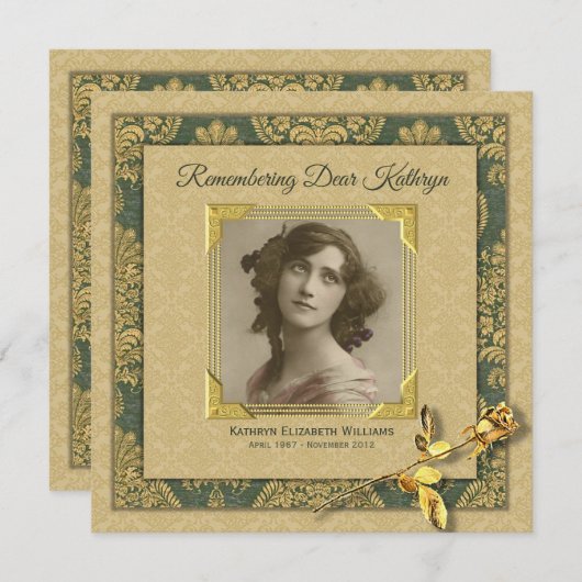 告別式はあなたの写真の金ゴールドのダマスク織バラを加えます 招待状 (正面/裏面)