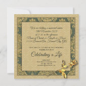 告別式はあなたの写真の金ゴールドのダマスク織バラを加えます 招待状 (裏面)