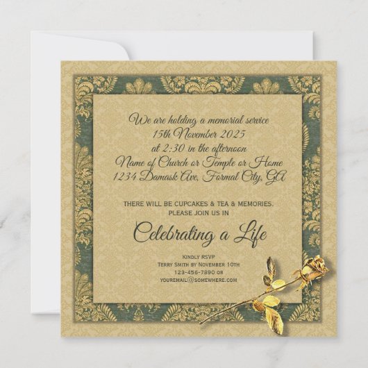 告別式はあなたの写真の金ゴールドのダマスク織バラを加えます 招待状 (裏面)