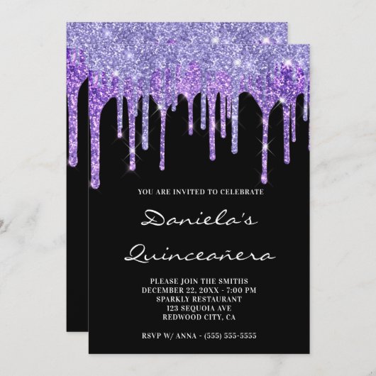 周囲を輝かせるパープルグリッターの黒いキンセアニエラ 招待状 (正面/裏面)