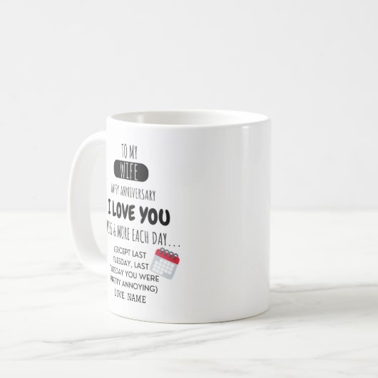 周年記念おもしろいの夫婦ユーモアのメッセージ コーヒーマグカップ (正面左)