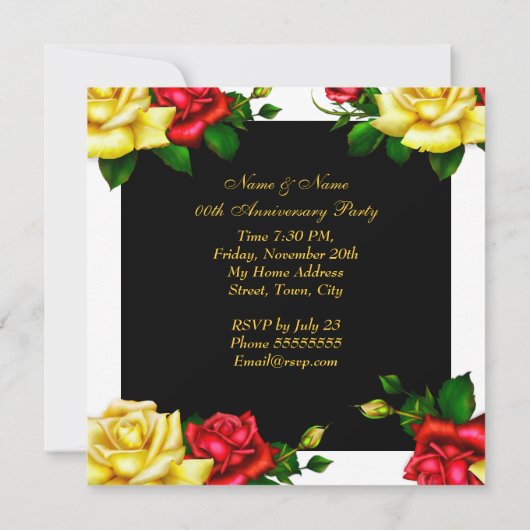 周年記念エレガントパーティーレッドイエローローズ3 招待状 (裏面)