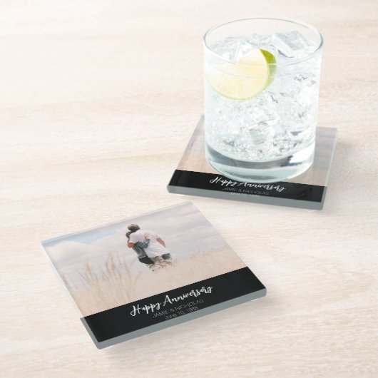 周年記念カスタム写真モダンスタイリッシュ結婚の ガラスコースター (アングル)