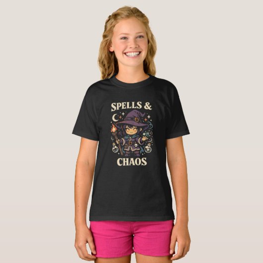呪文とカオス かわいい魔女 - かわいいダークマジックギフト Tシャツ (正面フル)