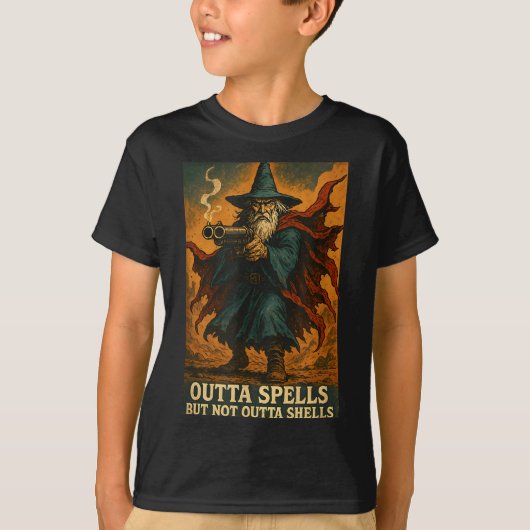 呪文は尽きたが弾は尽きない 魔法使い ファンタジー M Tシャツ (正面)