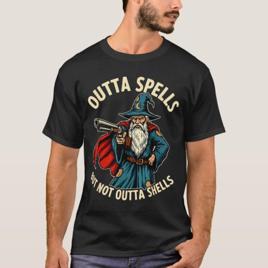 呪文は尽きたが砲弾は尽きない 魔法使い ファンタジー M Tシャツ (正面)