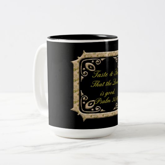 味と主が良いことを見なさい。詩編34:8 ツートーンマグカップ (正面左)