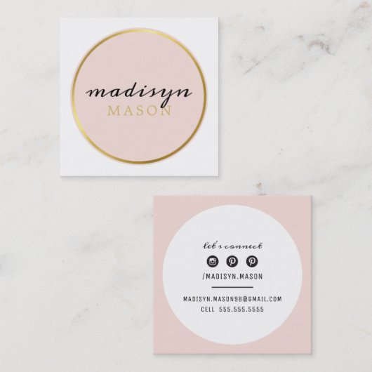 呼び出しカード円シック縁ど赤面ピンク金ゴールド スクエア名刺 (正面/裏面)