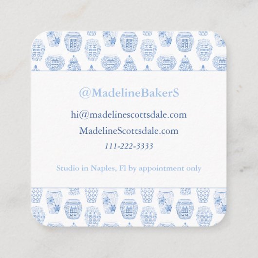 呼び出し中のシックブルーとホワイトジンジャーのジャーデザイナー スクエア名刺 (裏面)