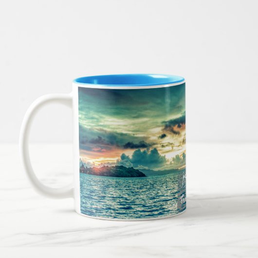 呼吸と信頼の神の信仰引用文 ツートーンマグカップ (左)