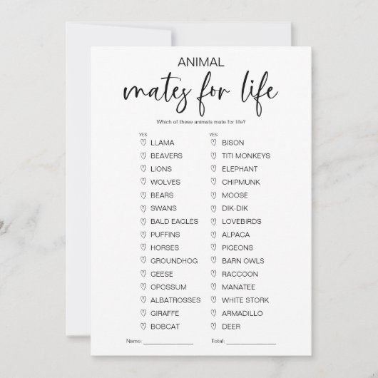 命の動物のブライダルシャワーゲーム 招待状 (正面)