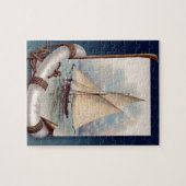 命の恩人、ロープおよびいかりが付いているヴィンテージの帆ボート ジグソーパズル (横)