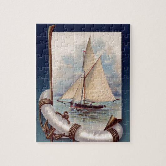 命の恩人、ロープおよびいかりが付いているヴィンテージの帆ボート ジグソーパズル (縦)