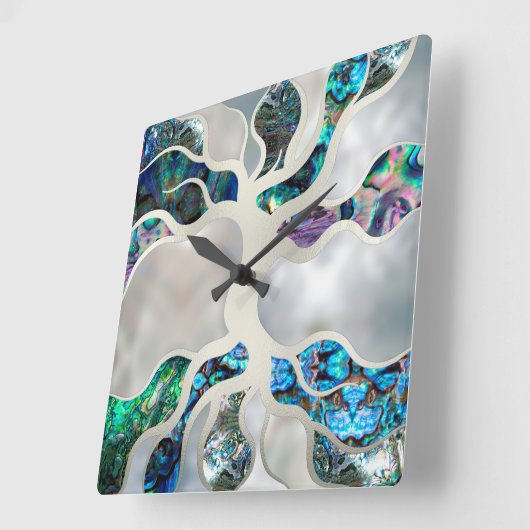 命の木 – アワビの貝殻と真珠 スクエア壁時計 (傾斜)