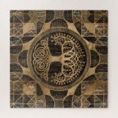 命の木 – ヤグドラシル – 木の樹皮と金ゴールド ジグソーパズル (横)