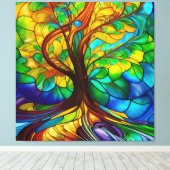 命カラフルの木のステンドグラスの外観 キャンバスプリント (インサイチュ (ウッドフロア))